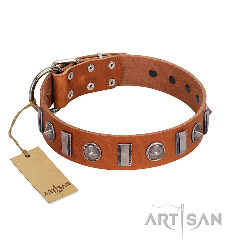 "Luxurious Necklace" FDT Artisan Tan Leather Amstaff Collar with Silver-Like Adornments