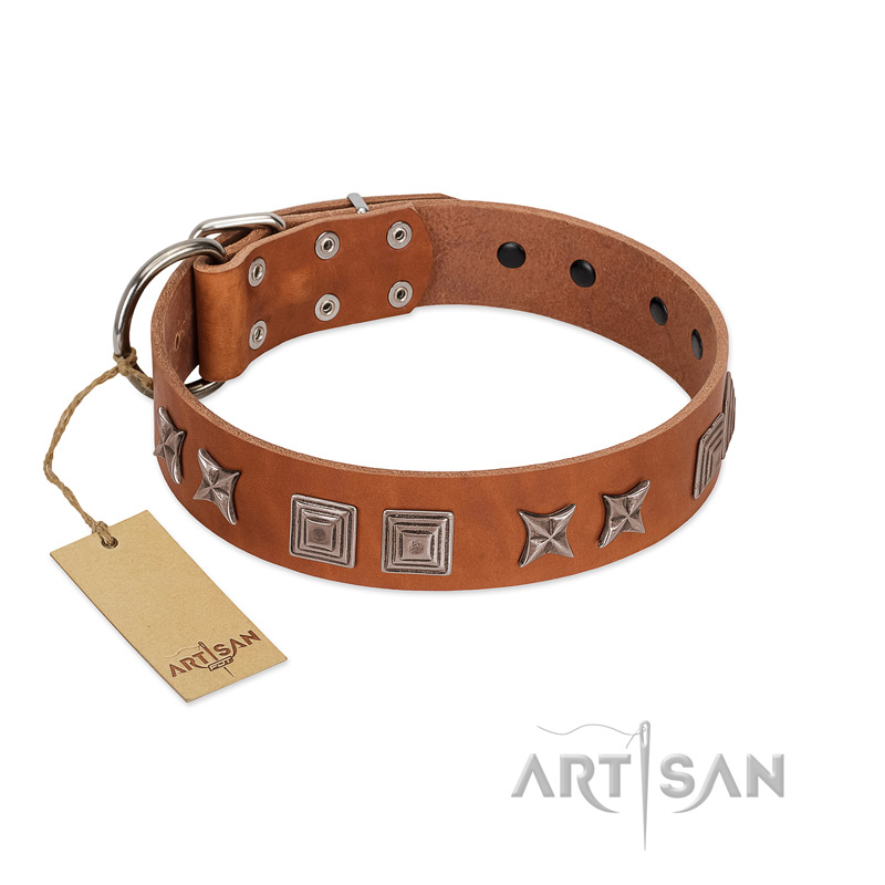 "Antique Figures" FDT Artisan Tan Leather Amstaff Collar with Silver-like Engraved Plates