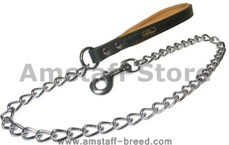 Dog leash with chain and snap hook by Herm Sprenger and leather handle for Amstaff